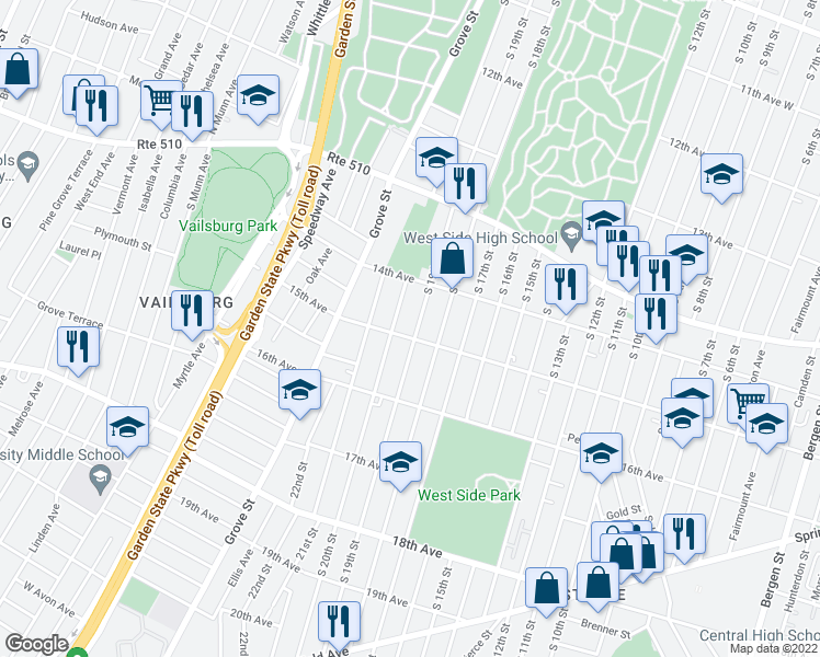 map of restaurants, bars, coffee shops, grocery stores, and more near 505 South 19th Street in Newark