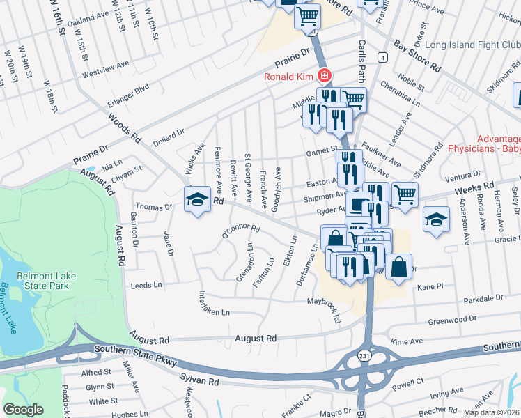 map of restaurants, bars, coffee shops, grocery stores, and more near 595 Saint George Avenue in North Babylon