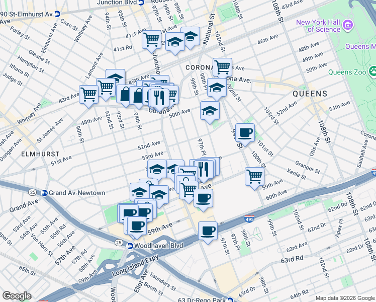 map of restaurants, bars, coffee shops, grocery stores, and more near 53-1 96th Street in Queens