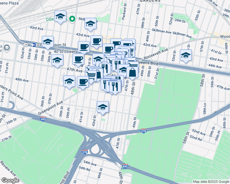 map of restaurants, bars, coffee shops, grocery stores, and more near 47-37 45th Street in Queens