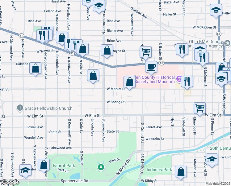 map of restaurants, bars, coffee shops, grocery stores, and more near 901 West Market Street in Lima