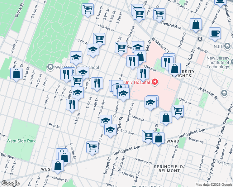 map of restaurants, bars, coffee shops, grocery stores, and more near 216 Fairmount Avenue in Newark
