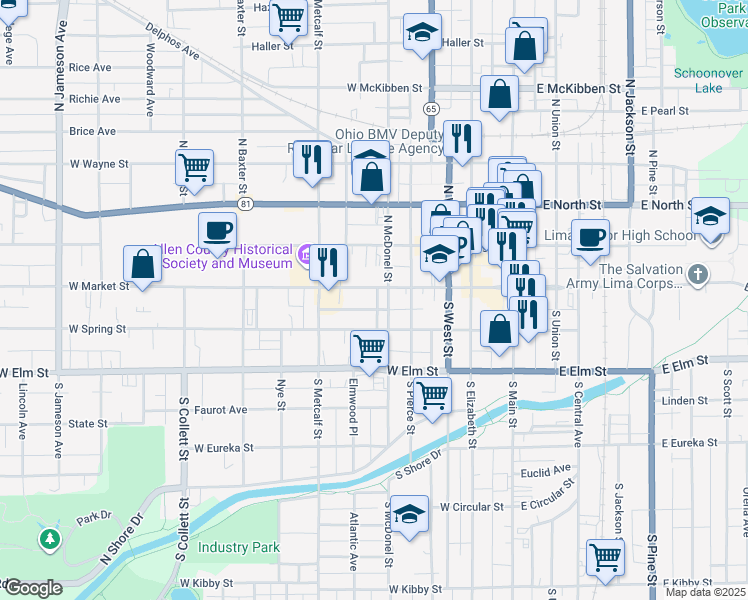 map of restaurants, bars, coffee shops, grocery stores, and more near 511 West Market Street in Lima