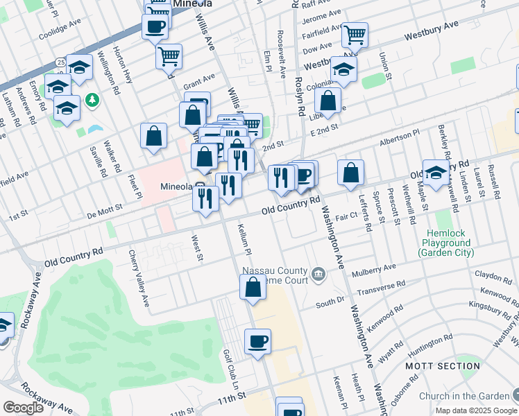 map of restaurants, bars, coffee shops, grocery stores, and more near 33 Willis Avenue in Mineola