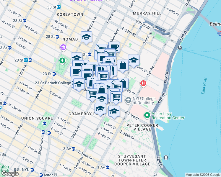 map of restaurants, bars, coffee shops, grocery stores, and more near East 25th Street in New York