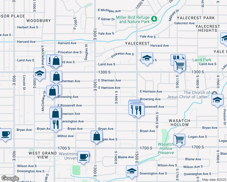 map of restaurants, bars, coffee shops, grocery stores, and more near 1363 Harrison Avenue in Salt Lake City