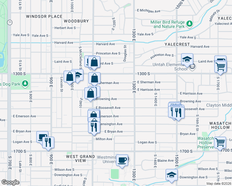 map of restaurants, bars, coffee shops, grocery stores, and more near 1203 Harrison Avenue in Salt Lake City