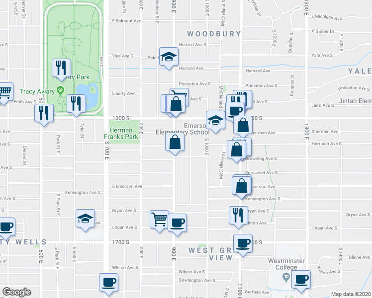 map of restaurants, bars, coffee shops, grocery stores, and more near 1370 Lincoln Street in Salt Lake City