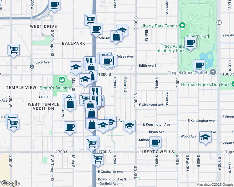 map of restaurants, bars, coffee shops, grocery stores, and more near 1369 South 200 East in Salt Lake City