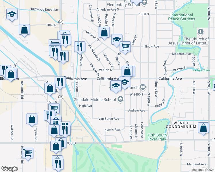 map of restaurants, bars, coffee shops, grocery stores, and more near 1423 Stewart Circle in Salt Lake City