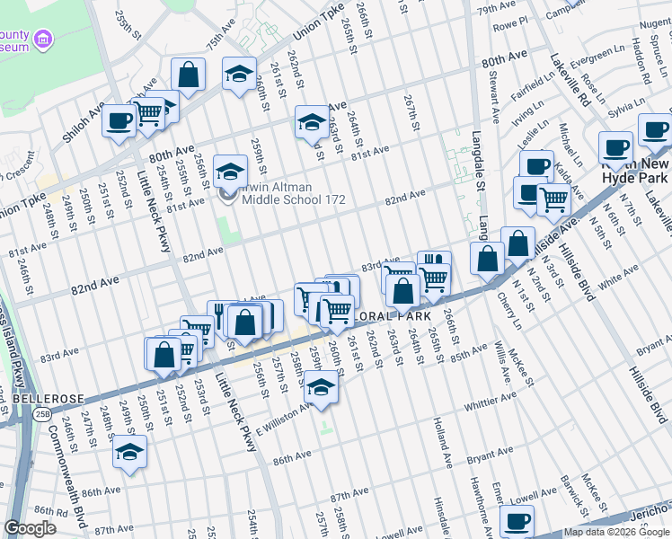map of restaurants, bars, coffee shops, grocery stores, and more near 82-46 261st Street in Queens