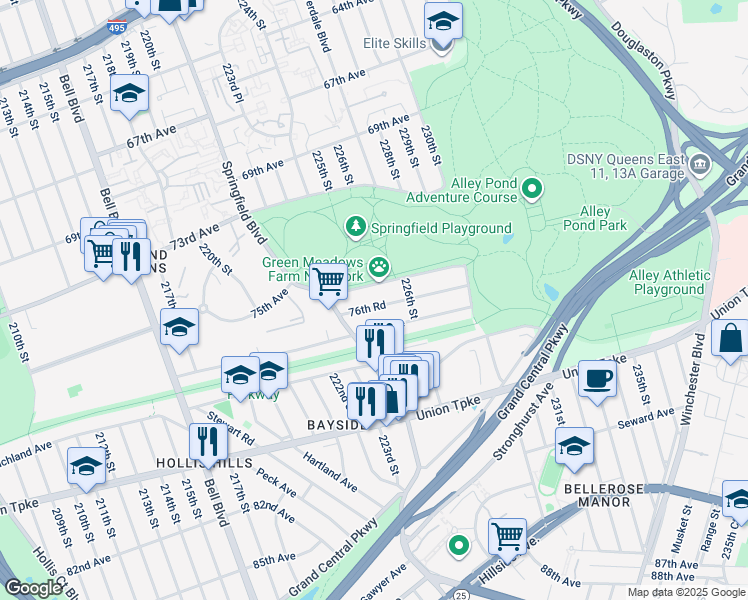 map of restaurants, bars, coffee shops, grocery stores, and more near 224-58 76th Avenue in Queens