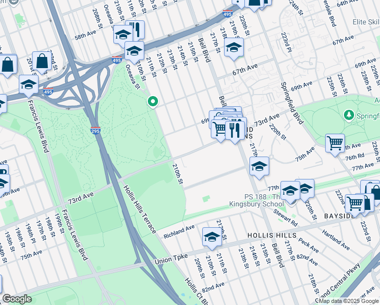 map of restaurants, bars, coffee shops, grocery stores, and more near 211-7 73rd Avenue in Queens