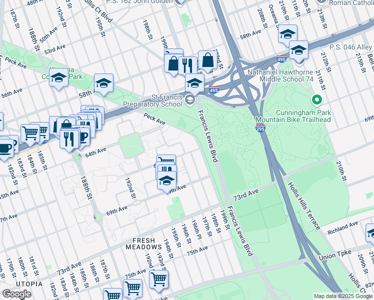 map of restaurants, bars, coffee shops, grocery stores, and more near 197-80 Peck Avenue in Queens