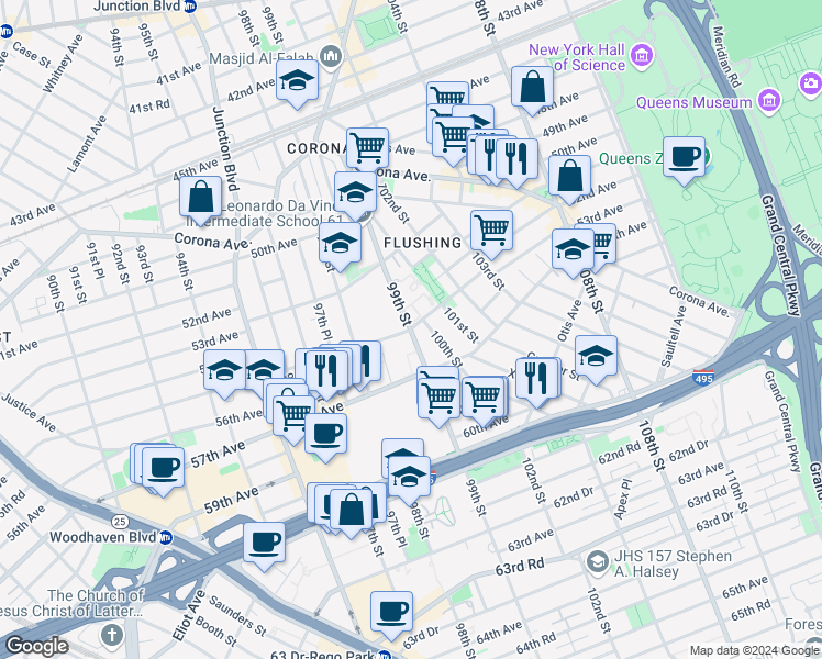 map of restaurants, bars, coffee shops, grocery stores, and more near 54-39 101st Street in Queens