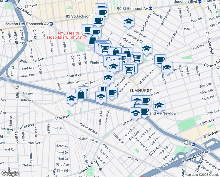 map of restaurants, bars, coffee shops, grocery stores, and more near 8055 Cornish Avenue in Queens