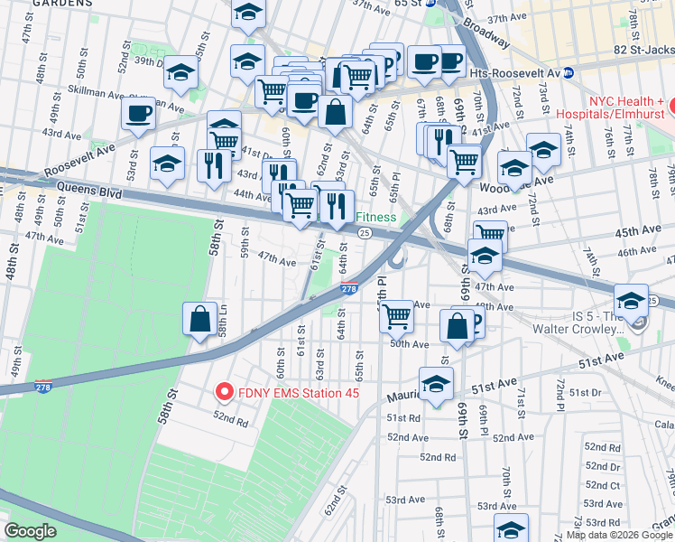 map of restaurants, bars, coffee shops, grocery stores, and more near 44-34 64th Street in Queens