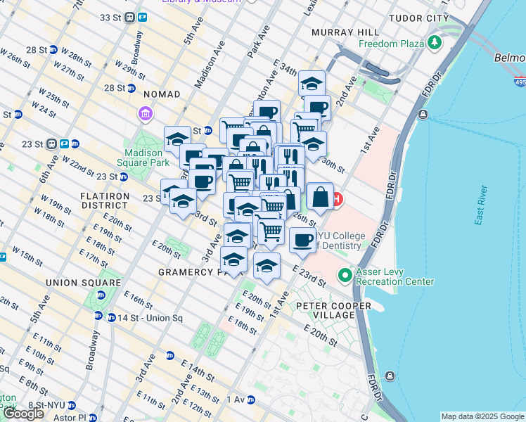 map of restaurants, bars, coffee shops, grocery stores, and more near 123 5th Avenue in New York