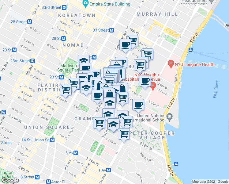 map of restaurants, bars, coffee shops, grocery stores, and more near in New York