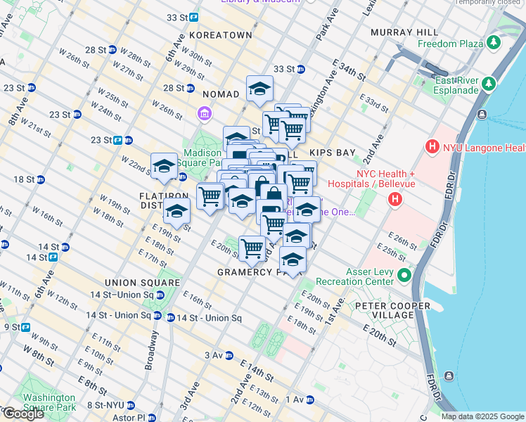 map of restaurants, bars, coffee shops, grocery stores, and more near 55 Lexington Avenue in New York