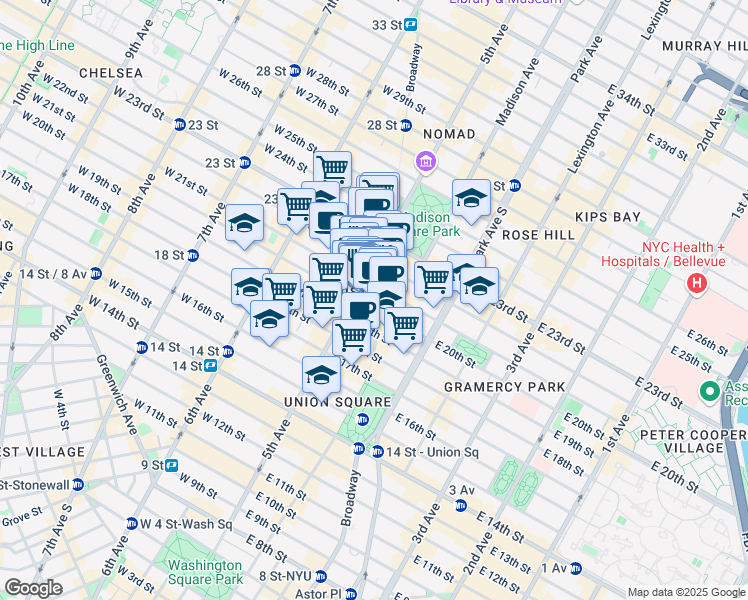 map of restaurants, bars, coffee shops, grocery stores, and more near 135 5th Avenue in New York