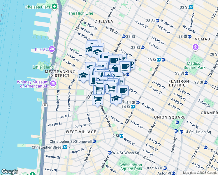 map of restaurants, bars, coffee shops, grocery stores, and more near 228 West 15th Street in New York