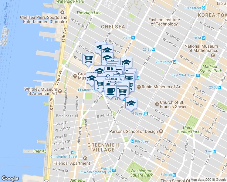 map of restaurants, bars, coffee shops, grocery stores, and more near 228 West 15th Street in New York