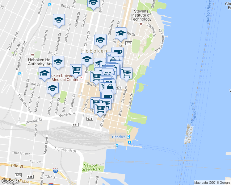map of restaurants, bars, coffee shops, grocery stores, and more near 56 3rd Street in Hoboken