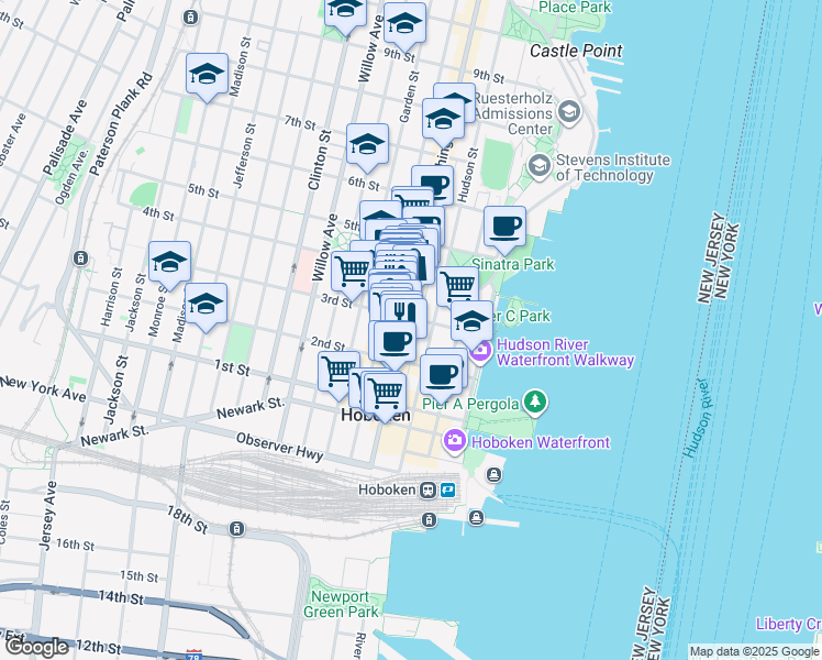 map of restaurants, bars, coffee shops, grocery stores, and more near 56 3rd Street in Hoboken