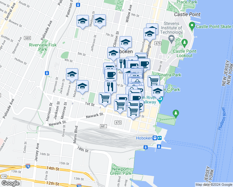 map of restaurants, bars, coffee shops, grocery stores, and more near 223 Park Avenue in Hoboken