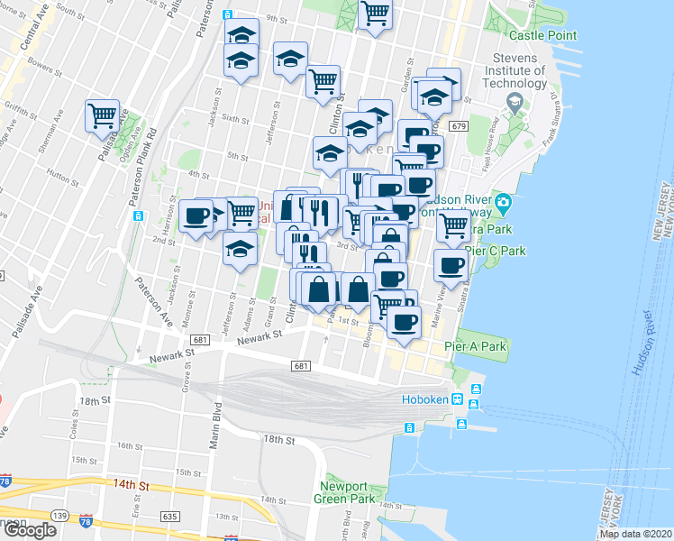 map of restaurants, bars, coffee shops, grocery stores, and more near 309 2nd Street in Hoboken
