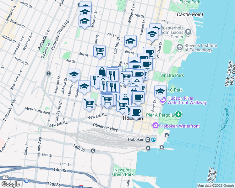 map of restaurants, bars, coffee shops, grocery stores, and more near 309 2nd Street in Hoboken
