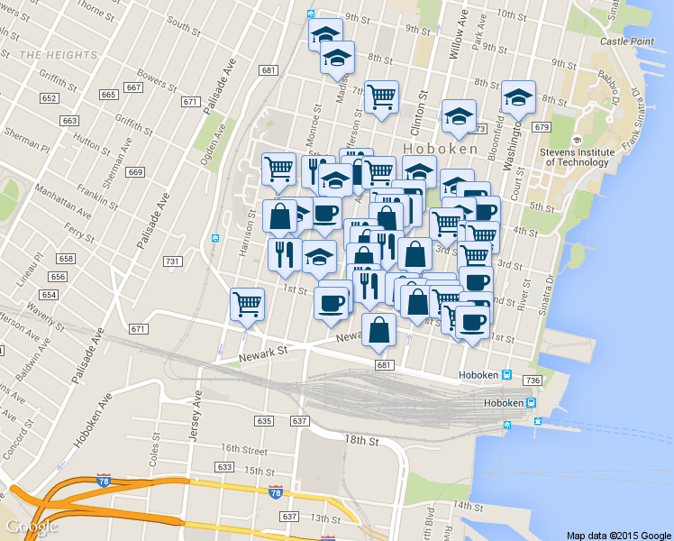 map of restaurants, bars, coffee shops, grocery stores, and more near 450 2nd Street in Hoboken