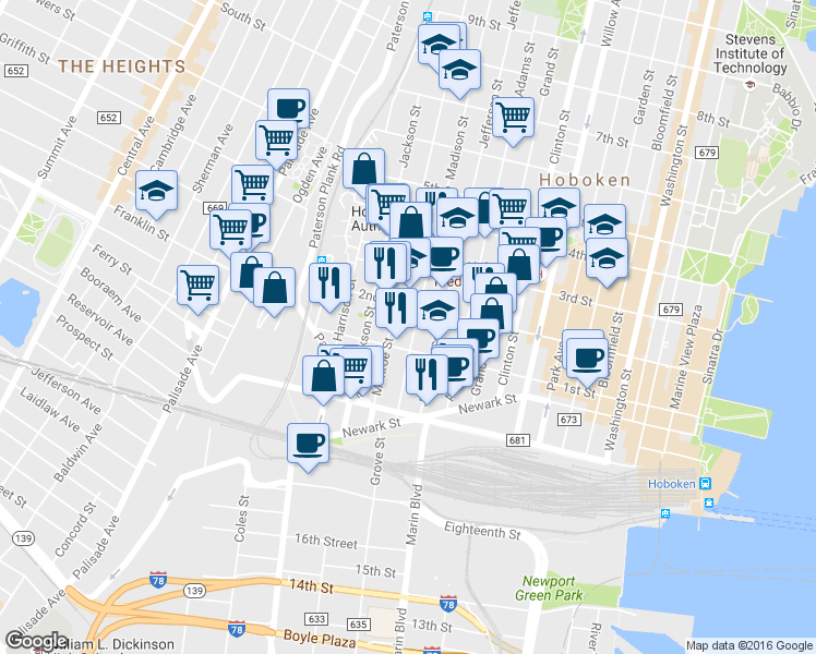 map of restaurants, bars, coffee shops, grocery stores, and more near 126 Monroe Street in Hoboken