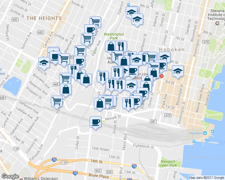 map of restaurants, bars, coffee shops, grocery stores, and more near 117 Harrison Street in Hoboken