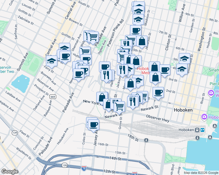map of restaurants, bars, coffee shops, grocery stores, and more near 117 Harrison Street in Hoboken