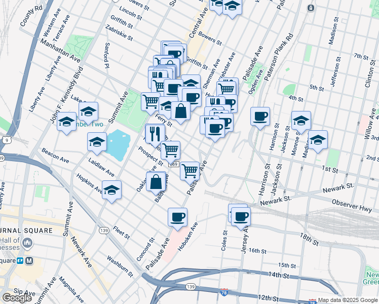 map of restaurants, bars, coffee shops, grocery stores, and more near 31 Ravine Avenue in Jersey City