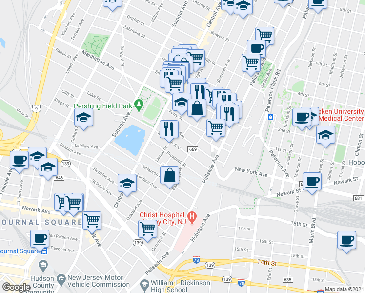map of restaurants, bars, coffee shops, grocery stores, and more near 91 Booraem Avenue in Jersey City