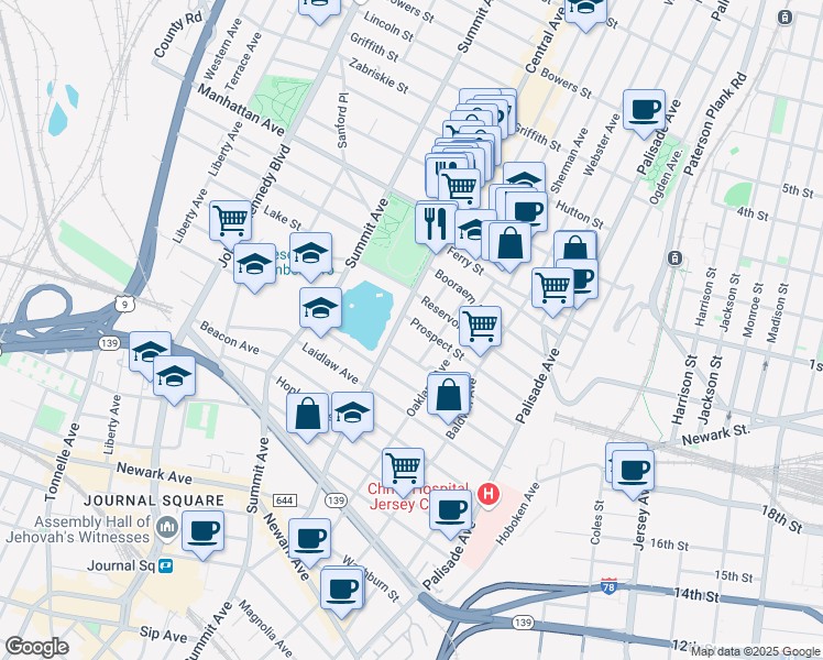map of restaurants, bars, coffee shops, grocery stores, and more near 152 Central Avenue in Jersey City