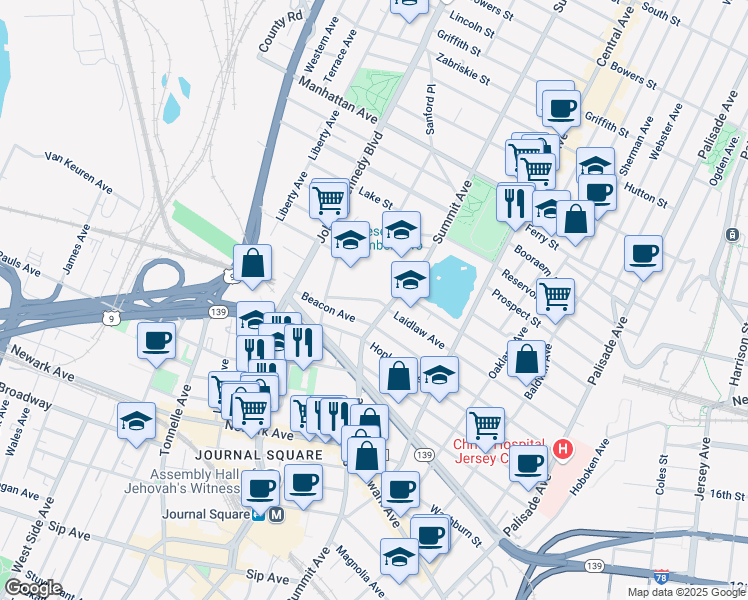 map of restaurants, bars, coffee shops, grocery stores, and more near 731 Summit Avenue in Jersey City
