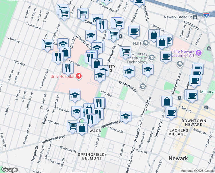 map of restaurants, bars, coffee shops, grocery stores, and more near 260 Norfolk Street in Newark