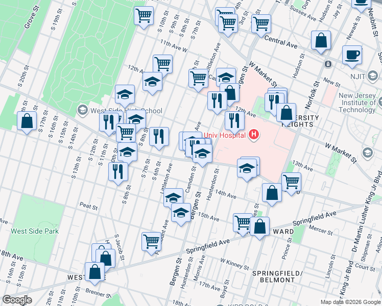 map of restaurants, bars, coffee shops, grocery stores, and more near 216 Fairmount Avenue in Newark
