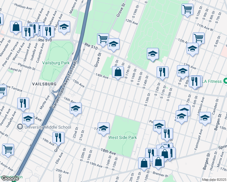 map of restaurants, bars, coffee shops, grocery stores, and more near 492 South 19th Street in Newark