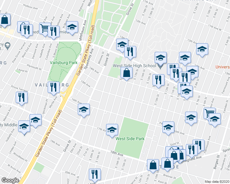 map of restaurants, bars, coffee shops, grocery stores, and more near 492 South 19th Street in Newark