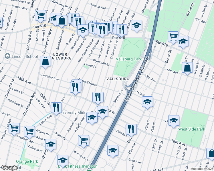 map of restaurants, bars, coffee shops, grocery stores, and more near 153 South Munn Avenue in Newark