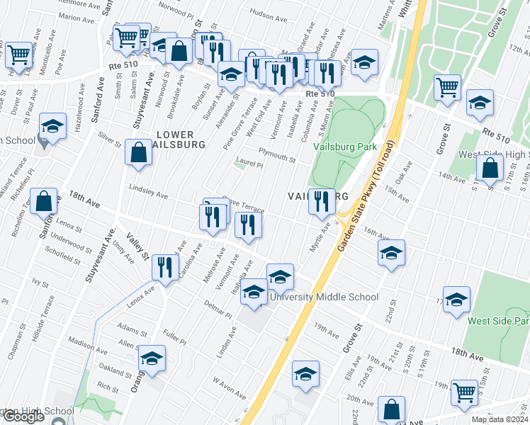 map of restaurants, bars, coffee shops, grocery stores, and more near 150 Isabella Avenue in Newark