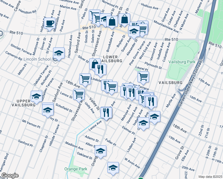 map of restaurants, bars, coffee shops, grocery stores, and more near 78 Lindsley Avenue in Newark