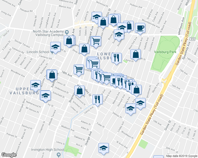 map of restaurants, bars, coffee shops, grocery stores, and more near 78 Lindsley Avenue in Newark