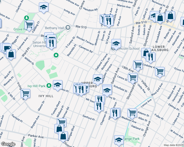 map of restaurants, bars, coffee shops, grocery stores, and more near 90 Eastern Parkway in Newark