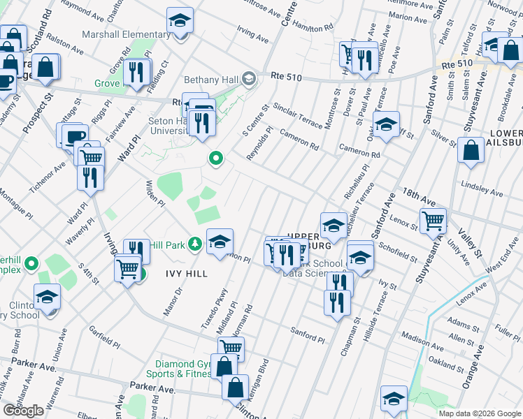 map of restaurants, bars, coffee shops, grocery stores, and more near 22 Tuxedo Parkway in Newark